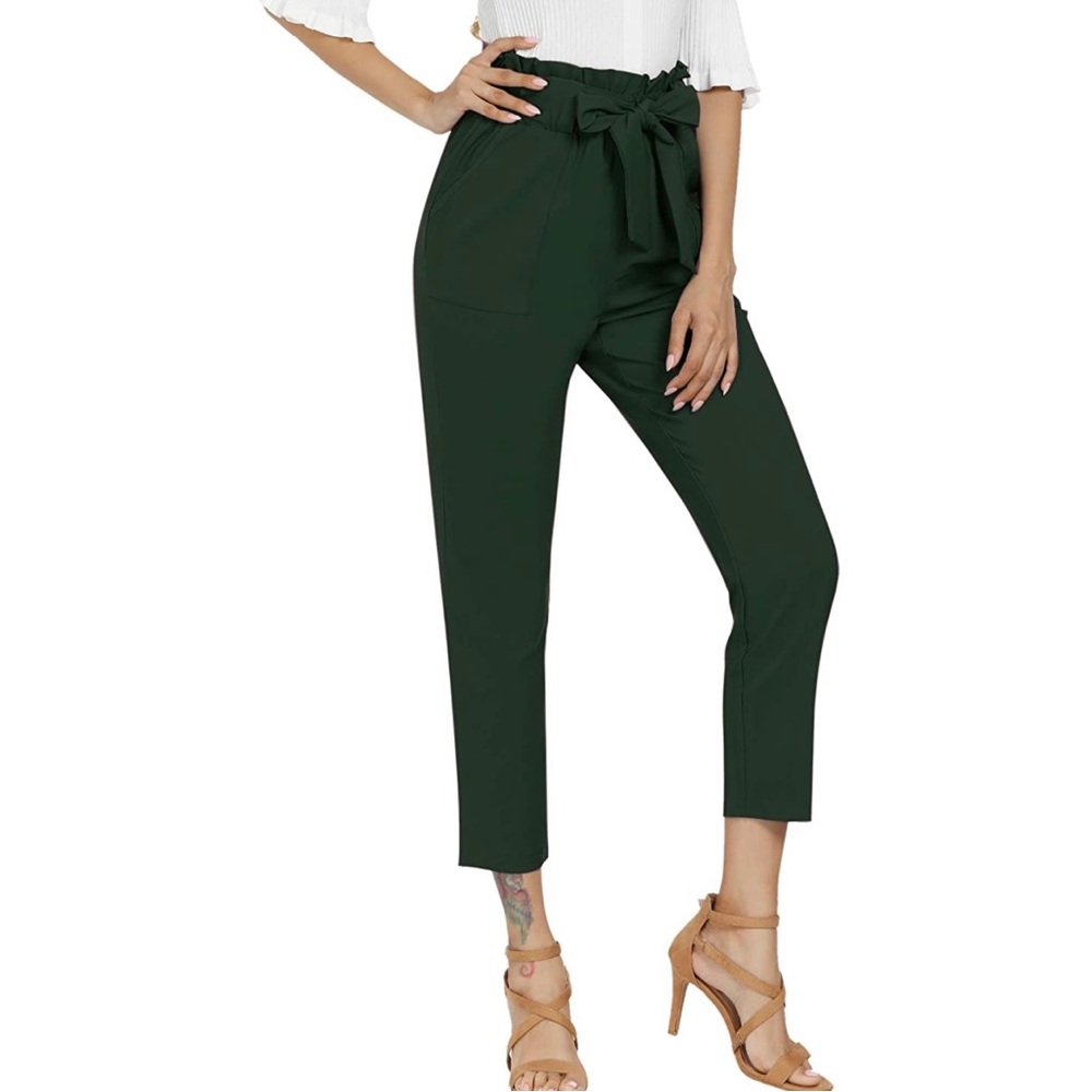 Freeprance Casual Trouser Paper Bag Pants Elastic Waist Slim Pockets Green